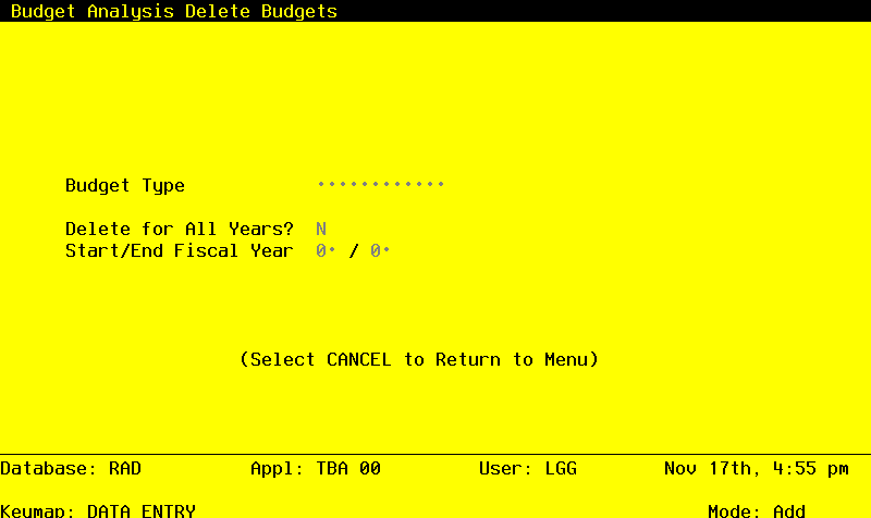 The Budget Analysis Application Main Menu