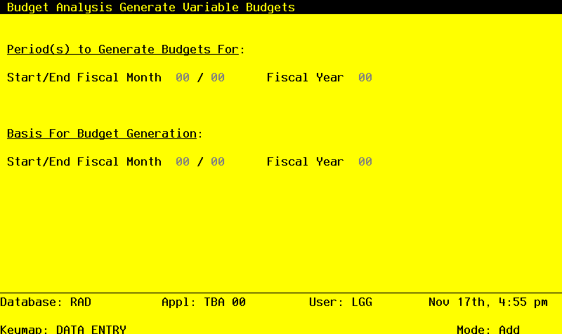 The Budget Analysis Generate Variable Budgets Screen
