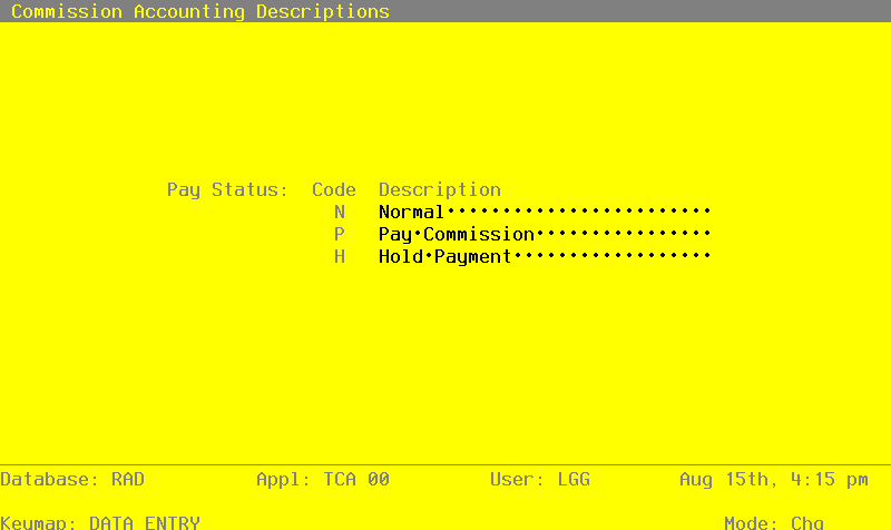 The Commission Accounting Descriptions Screen