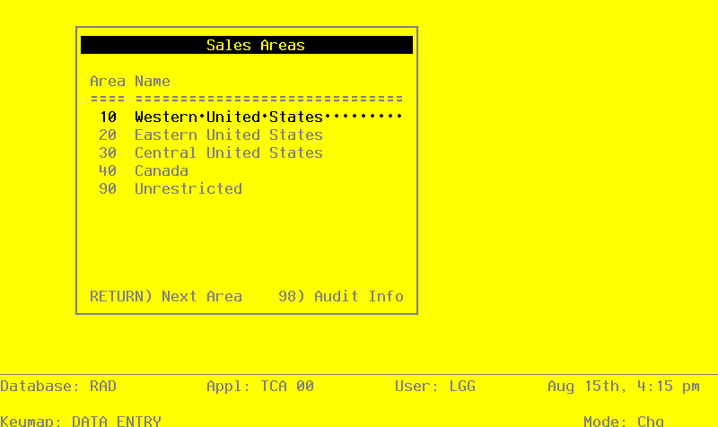 The Commission Accounting Sales Areas Screen