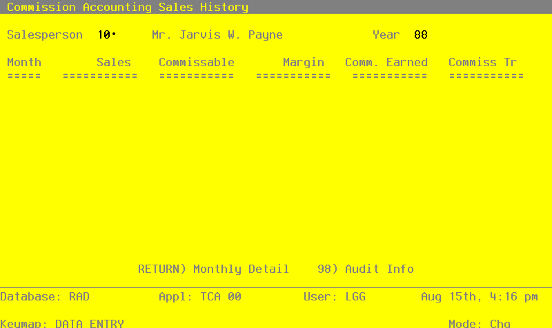 The Commission Accounting Sales History Screen