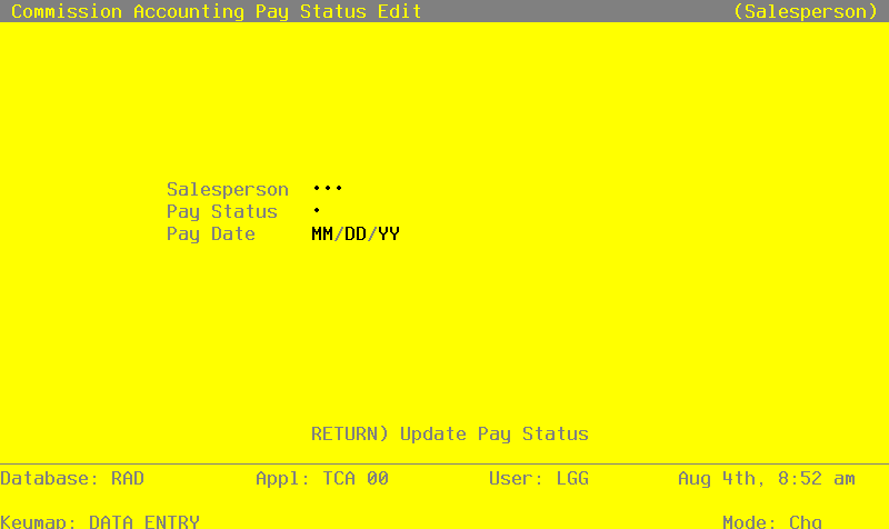 The Commission Pay Status Edit by Salesperson Screen