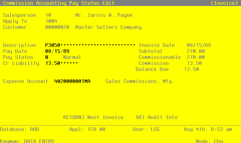 The Commission Pay Status Edit by Invoice Screen