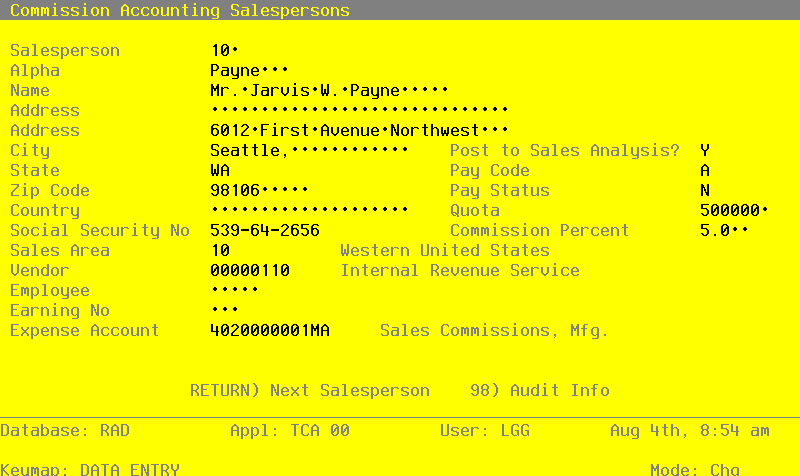 The Salespersons File Maintenance Screen