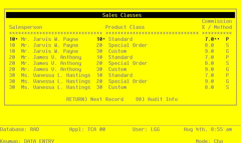 The Sales Classes File Maintenance Screen
