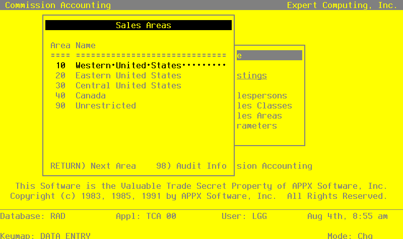 The Sales Areas File Maintenence Screen