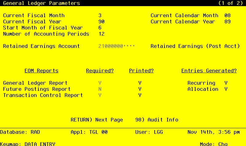 The General Ledger Initial Setup Parameters Screen - Part 1 of 2