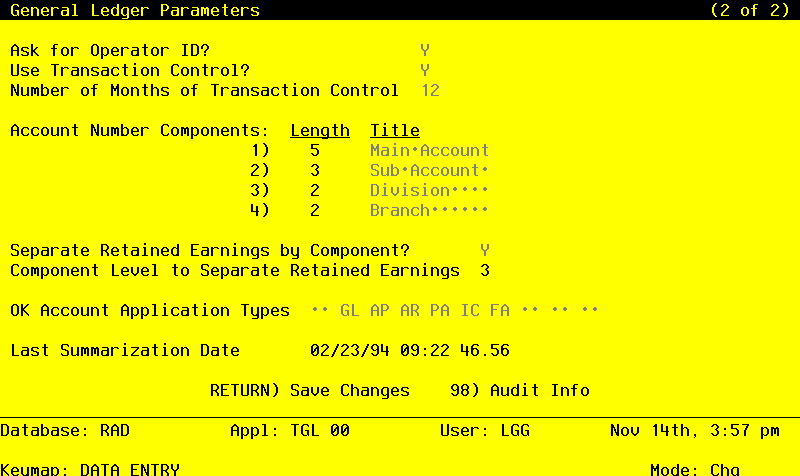 The General Ledger Initial Setup Parameters Screen - Part 2 of 2