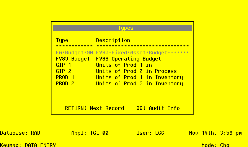 The General Ledger Initial Setup Unit and Budget Types Screen