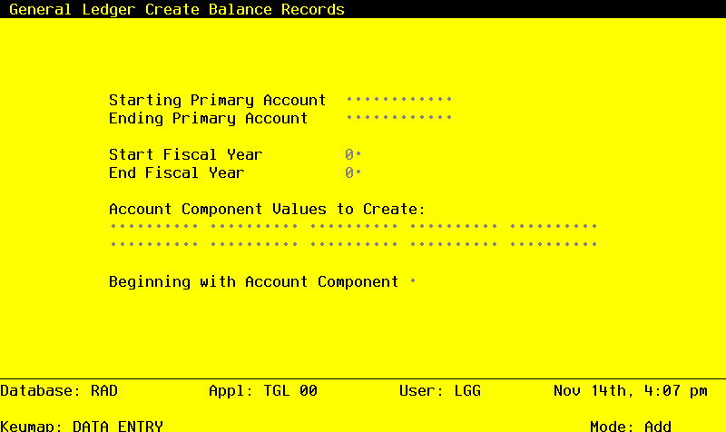 The General Ledger Initial Setup Create Balance Records Screen