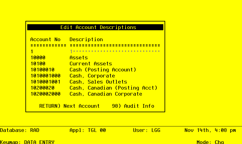 The General Ledger Initial Setup Edit Account Descriptions Screen