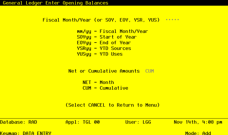 The General Ledger Initial Setup Enter Opening Balances Screen