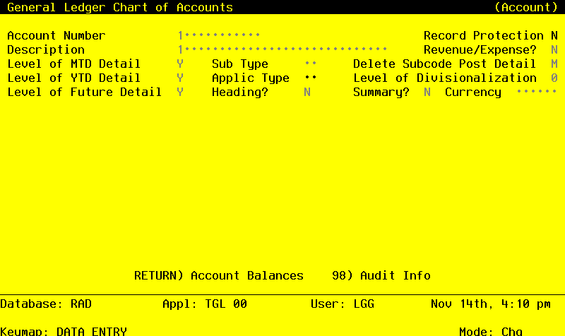 The General Ledger Initial Setup Chart of Accounts Screen