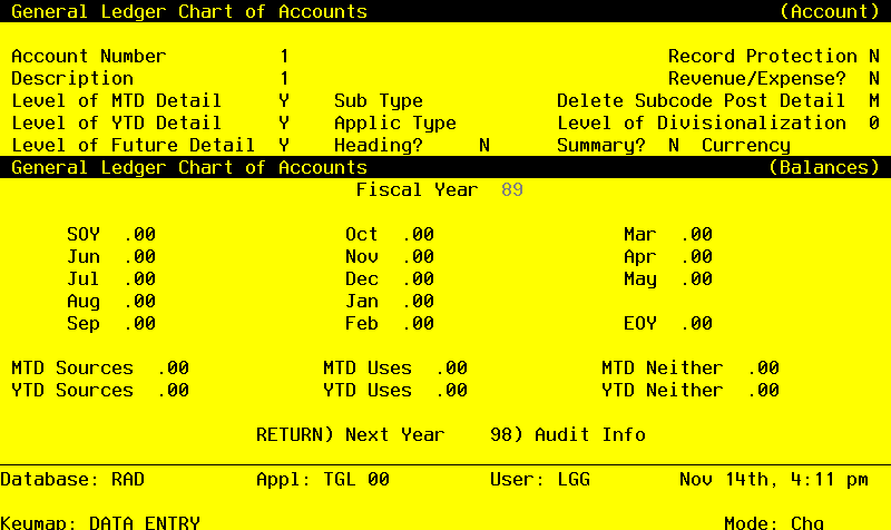 The General Ledger Initial Setup Account Balances Display Screen