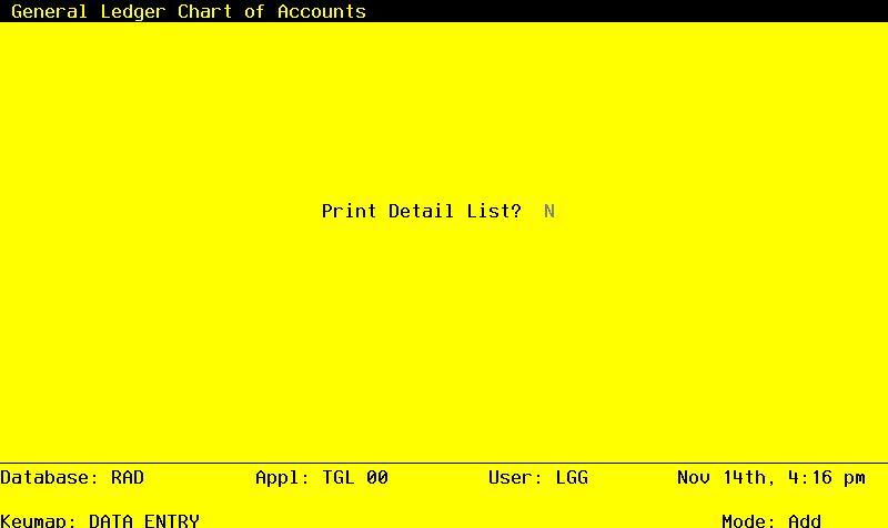 The General Ledger Initial Setup Chart of Accounts List Screen