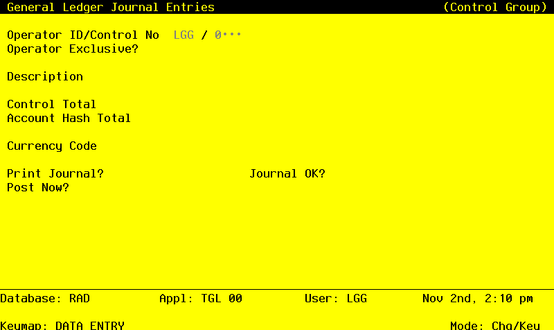 The General Ledger Journal Entry Control Groups Screen