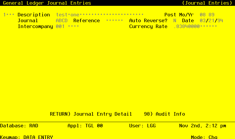 The General Ledger Journal Entries Screen