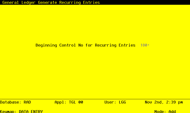 The General Ledger Generate Recurring Billings Screen