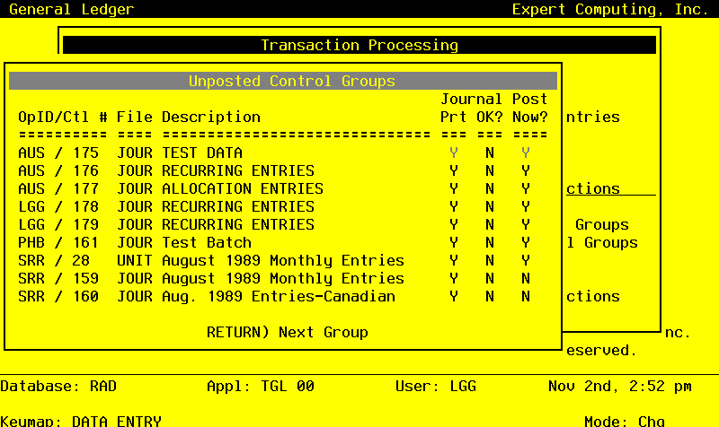 The General Ledger Edit Unposted Control Groups Screen