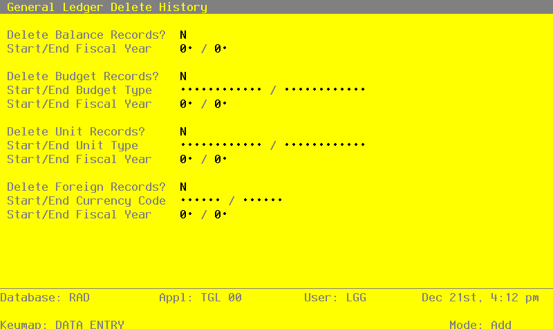 The General Ledger Delete History Screen