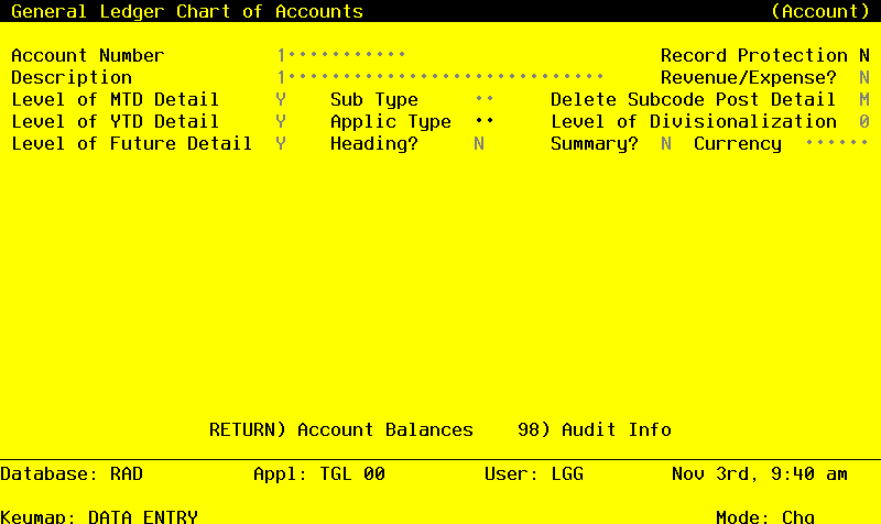 The General Ledger Chart of Accounts Screen