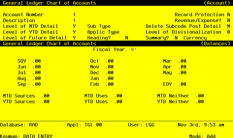 The General Ledger Enter Account Balances Screen