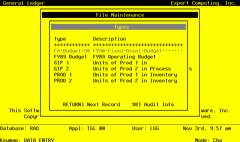 The General Ledger Unit and Budget Types Screen