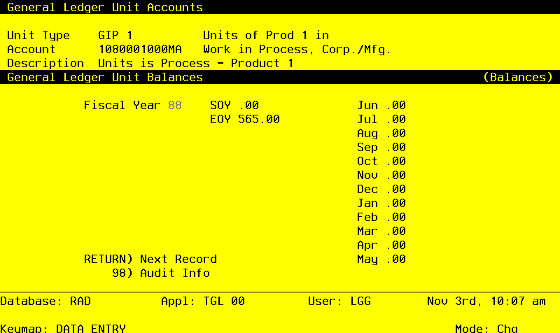 The General Ledger Unit Balances Display Screen