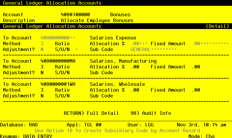 The General Ledger Receiving Allocation Accounts Screen