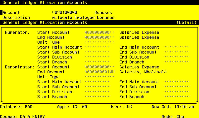The General Ledger Receiving Account Ratio Method Screen