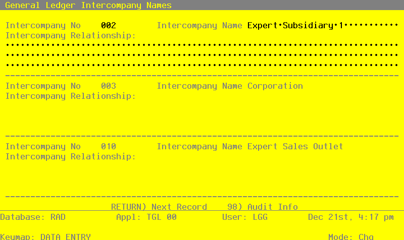 The Intercompany Names Screen