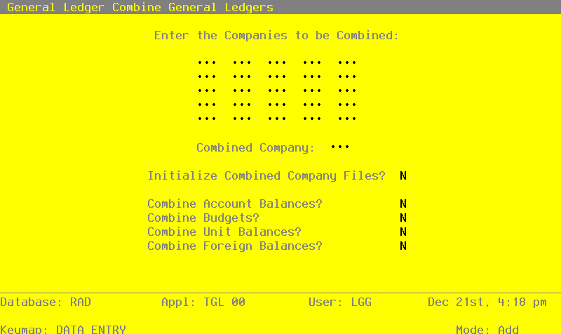 The Combine General Ledgers Screen