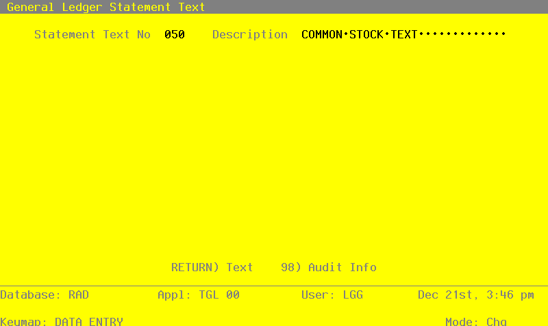 The General Ledger Statement Text Screen