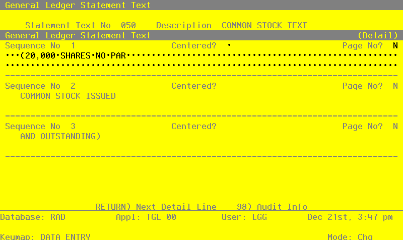 The General Ledger Statement Text Detail Screen