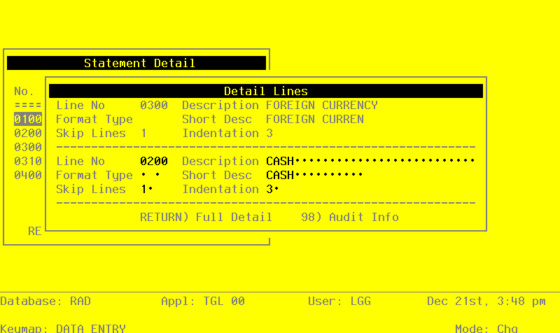 The General Ledger Statement Detail Format Screen