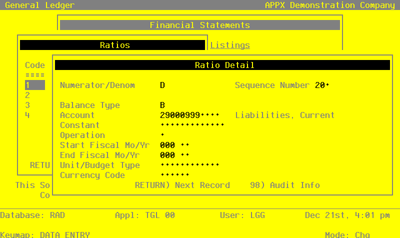 The General Ledger Ratio Detail Screen