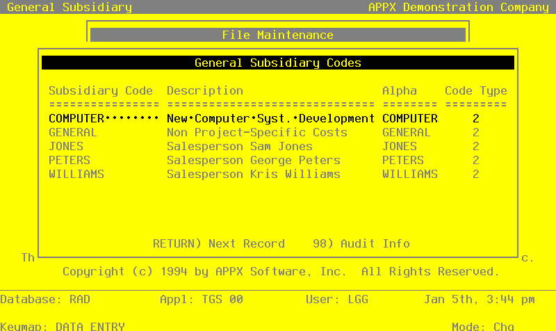 The General Subsidiary Subsidiary Codes Screen