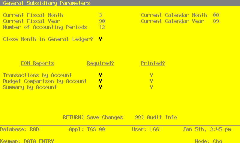 The General Subsidiary Parameters Screen