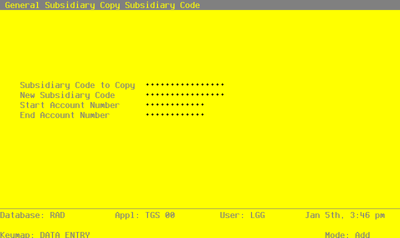 The General Subsidiary Copy Subsidiary Codes Screen
