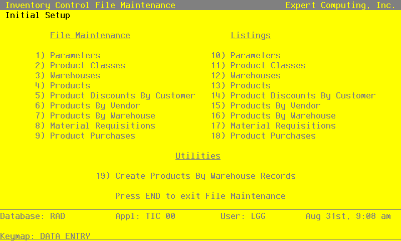 The Inventory Control File Maintenance Menu