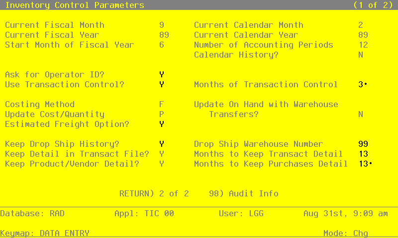 The Inventory Control Parameters Screen - Part 1 of 2