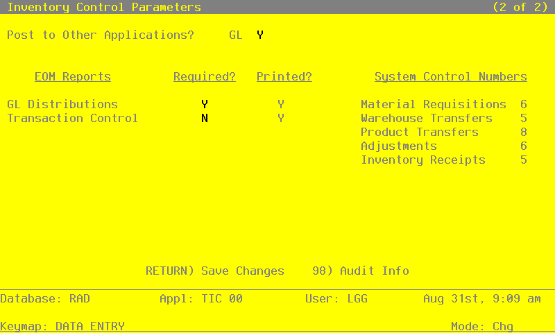 The Inventory Control Parameters Screen - Part 2 of 2