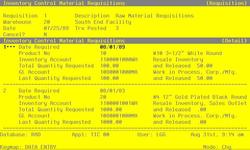 The Inventory Control Material Requisition Line Items Screen