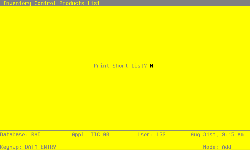 The Inventory Control Product List Screen