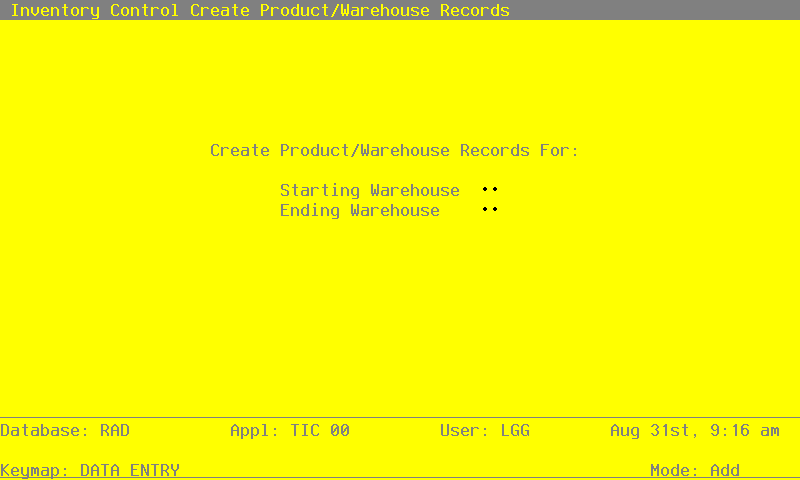 The Inventory Control Create Products/Warehouse Records Screen