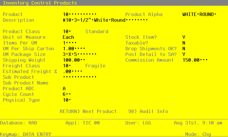 The Inventory Control Products Screen