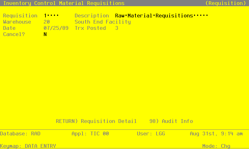 The Inventory Control Material Requisitions Screen