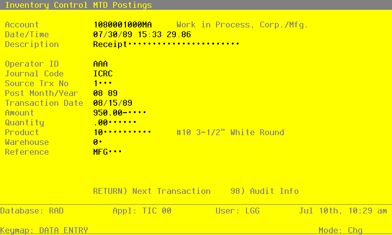 The Recovery Processing MTD Postings Screen