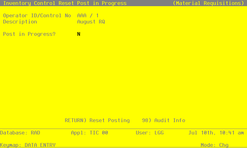 The Recovery Processing Reset Post In Progress Screen - Material Requisitions