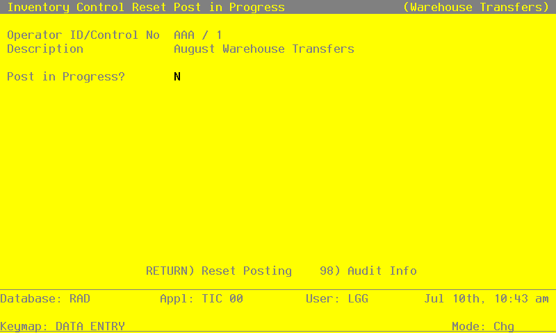 The Recovery Processing Reset Post in Progress Screen - Warehouse Transfers